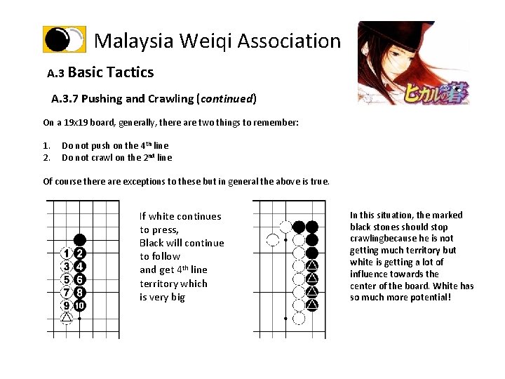 Malaysia Weiqi Association A. 3 Basic Tactics A. 3. 7 Pushing and Crawling (continued)