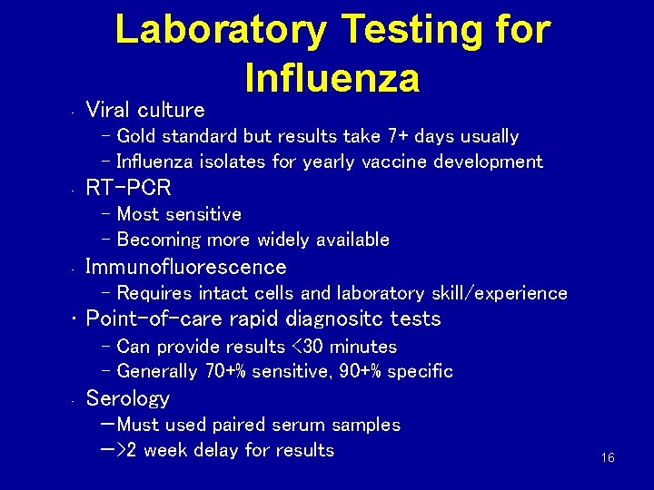 Laboratory Testing for Influenza • Viral culture – Gold standard but results take 7+