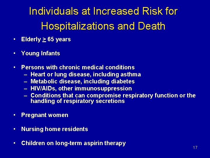 Individuals at Increased Risk for Hospitalizations and Death • Elderly > 65 years •