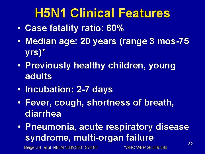 H 5 N 1 Clinical Features • Case fatality ratio: 60% • Median age: