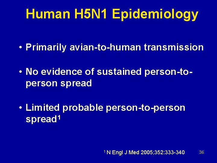 Human H 5 N 1 Epidemiology • Primarily avian-to-human transmission • No evidence of
