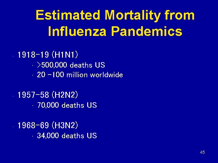 Estimated Mortality from Influenza Pandemics • 1918 -19 (H 1 N 1) • •