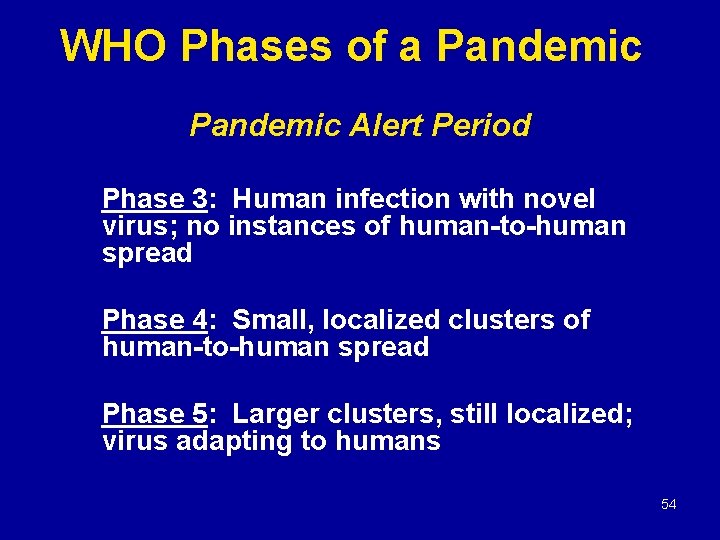 WHO Phases of a Pandemic Alert Period Phase 3: Human infection with novel virus;