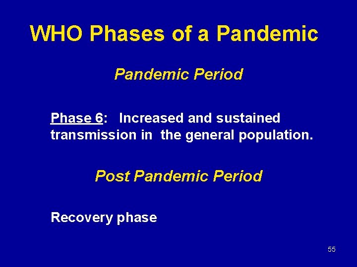 WHO Phases of a Pandemic Period Phase 6: Increased and sustained transmission in the