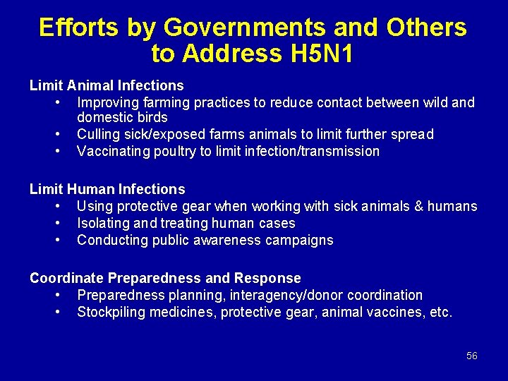 Efforts by Governments and Others to Address H 5 N 1 Limit Animal Infections
