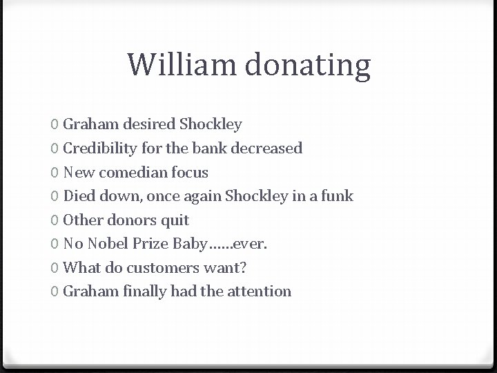 William donating 0 Graham desired Shockley 0 Credibility for the bank decreased 0 New