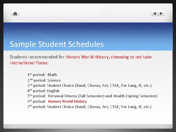 Sample Student Schedules Students recommended for Honors World History, choosing to not take Instructional Sample Student Schedules Students recommended for Honors World History, choosing to not take Instructional
