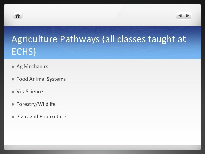 Agriculture Pathways (all classes taught at ECHS) l Ag Mechanics l Food Animal Systems