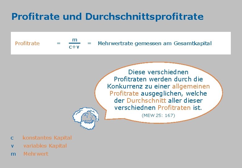 Profitrate und Durchschnittsprofitrate Profitrate = m c+v = Mehrwertrate gemessen am Gesamtkapital Diese verschiednen