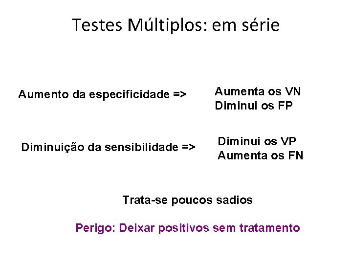 Testes Múltiplos: em série Aumento da especificidade => Aumenta os VN Diminui os FP