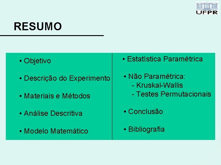 RESUMO • Objetivo • Estatística Paramétrica • Descrição do Experimento • Materiais e Métodos