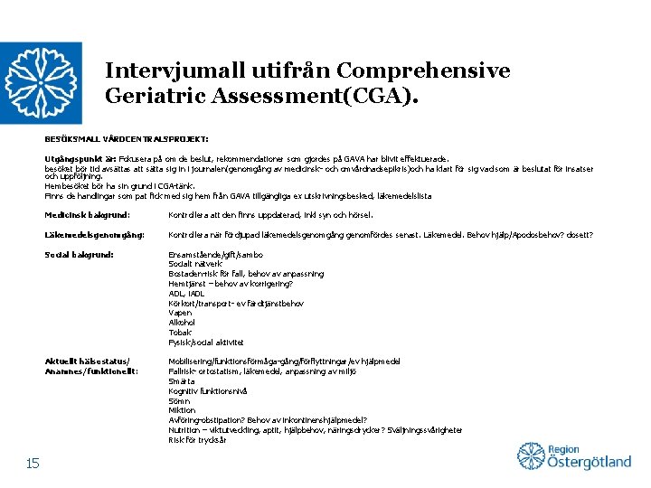 Intervjumall utifrån Comprehensive Geriatric Assessment(CGA). BESÖKSMALL VÅRDCENTRALSPROJEKT: Utgångspunkt är: Fokusera på om de beslut,