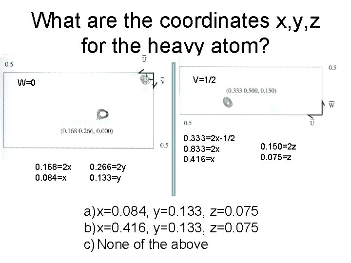 What are the coordinates x, y, z for the heavy atom? V=1/2 W=0 0.