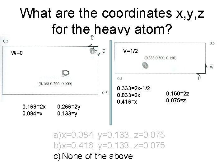 What are the coordinates x, y, z for the heavy atom? V=1/2 W=0 0.