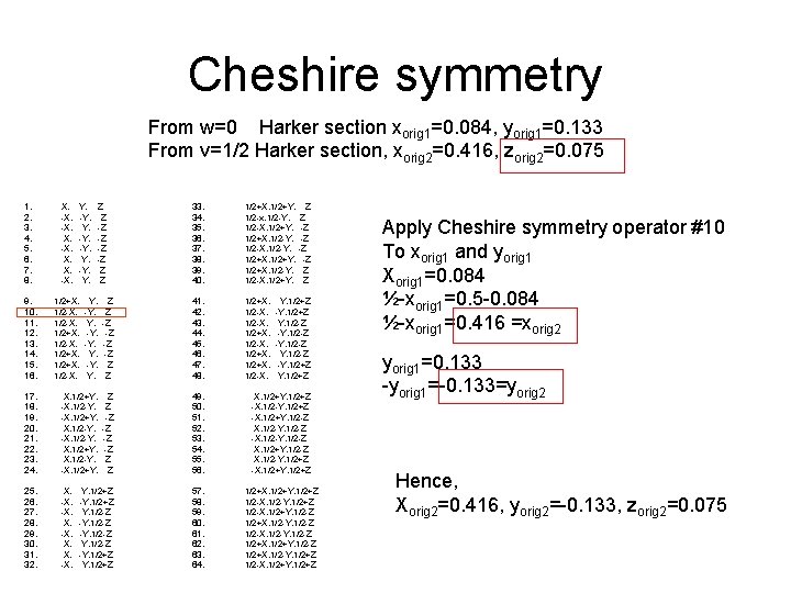Cheshire symmetry From w=0 Harker section xorig 1=0. 084, yorig 1=0. 133 From v=1/2