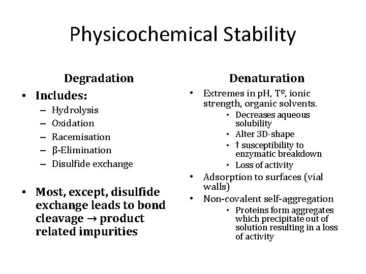 Physicochemical Stability Degradation • Includes: – – – Hydrolysis Oxidation Racemisation β-Elimination Disulfide exchange