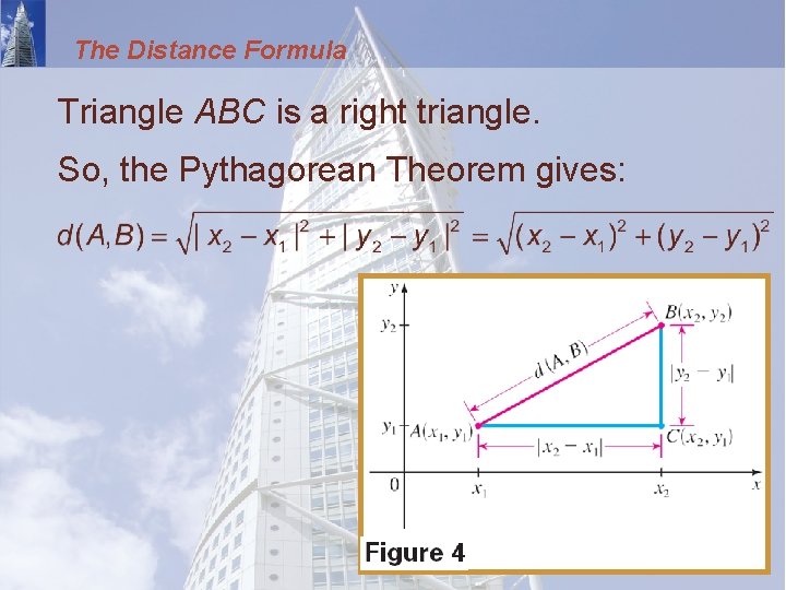 The Distance Formula Triangle ABC is a right triangle. So, the Pythagorean Theorem gives: