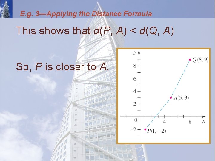 E. g. 3—Applying the Distance Formula This shows that d(P, A) < d(Q, A)