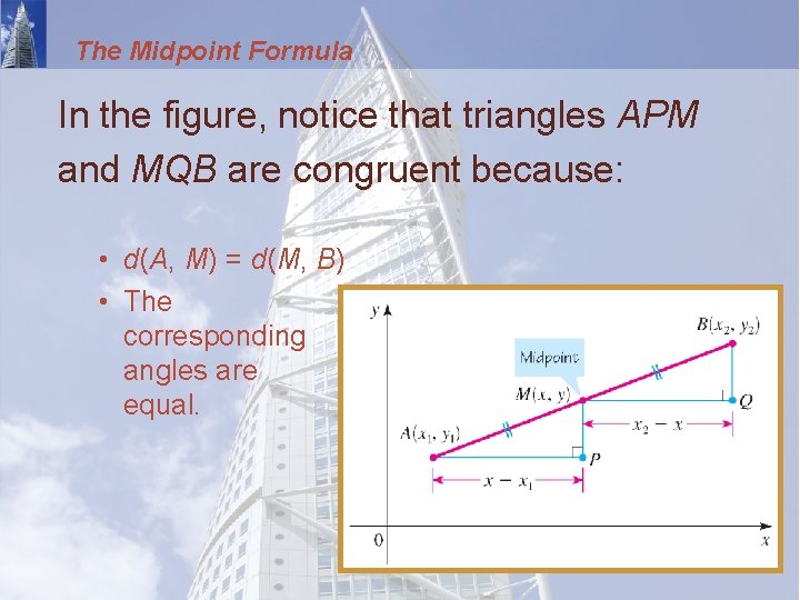 The Midpoint Formula In the figure, notice that triangles APM and MQB are congruent