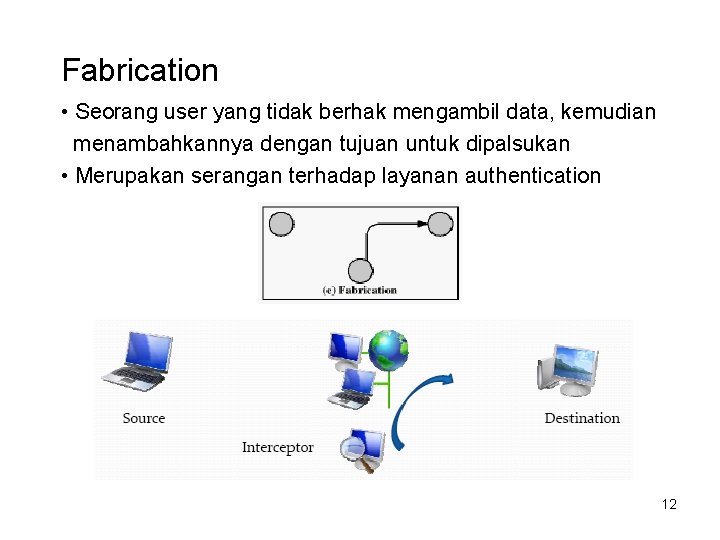 Fabrication • Seorang user yang tidak berhak mengambil data, kemudian menambahkannya dengan tujuan untuk