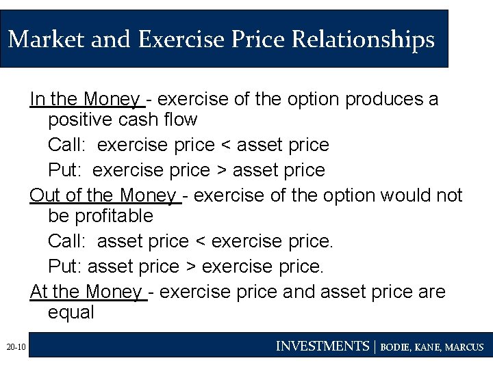 Market and Exercise Price Relationships In the Money - exercise of the option produces