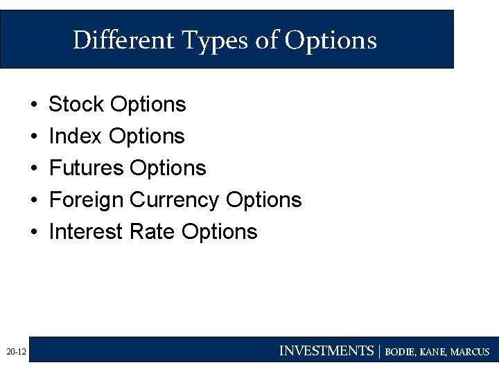 Different Types of Options • • • 20 -12 Stock Options Index Options Futures