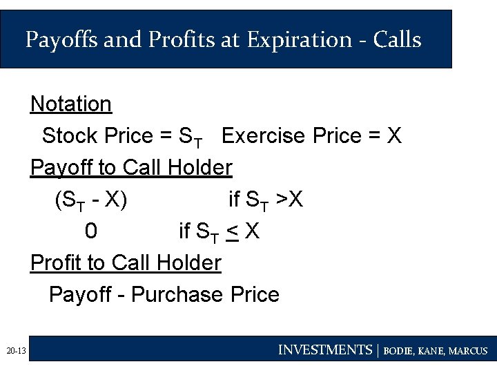 Payoffs and Profits at Expiration - Calls Notation Stock Price = ST Exercise Price