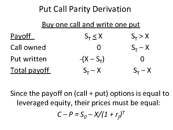 Put Call Parity Derivation Buy one call and write one put Payoff ST <