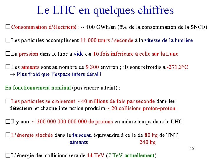 Le LHC en quelques chiffres � Consommation d’électricité : ~ 400 GWh/an (5% de