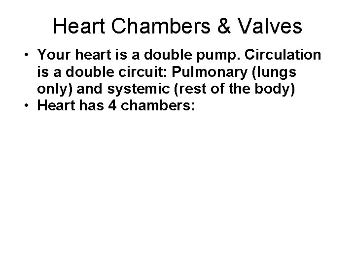 Heart Chambers & Valves • Your heart is a double pump. Circulation is a Heart Chambers & Valves • Your heart is a double pump. Circulation is a