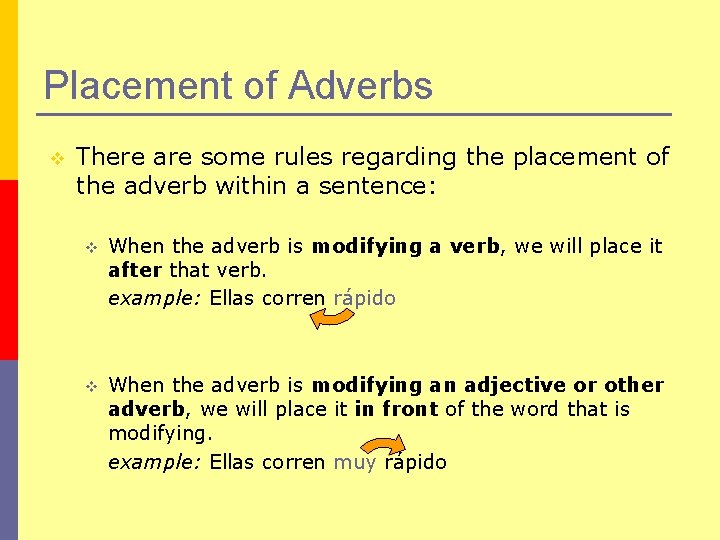 Placement of Adverbs v There are some rules regarding the placement of the adverb
