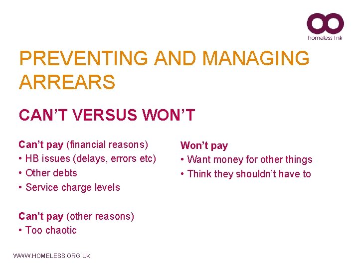 PREVENTING AND MANAGING ARREARS CAN’T VERSUS WON’T Can’t pay (financial reasons) • HB issues