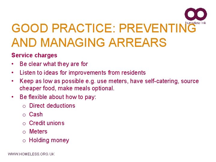 GOOD PRACTICE: PREVENTING AND MANAGING ARREARS Service charges • Be clear what they are