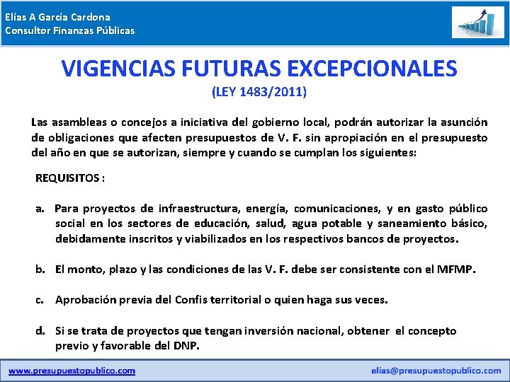 Elías A García Cardona Consultor Finanzas Públicas VIGENCIAS FUTURAS EXCEPCIONALES (LEY 1483/2011) Las asambleas