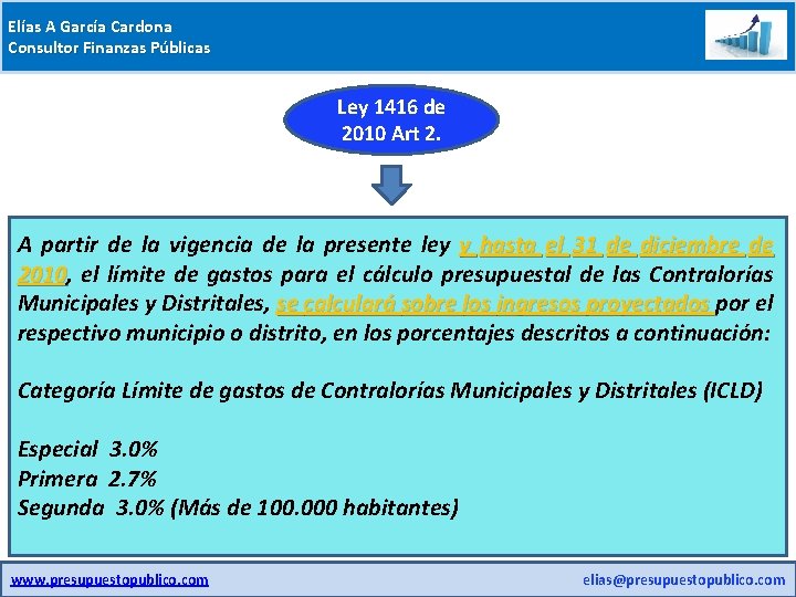 Elías A García Cardona Consultor Finanzas Públicas Ley 1416 de 2010 Art 2. A