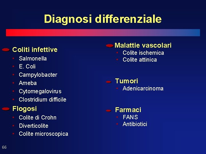 Diagnosi differenziale Coliti infettive • • • 66 Salmonella E. Coli Campylobacter Ameba Cytomegalovirus