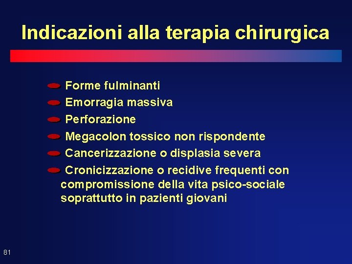 Indicazioni alla terapia chirurgica Forme fulminanti Emorragia massiva Perforazione Megacolon tossico non rispondente Cancerizzazione