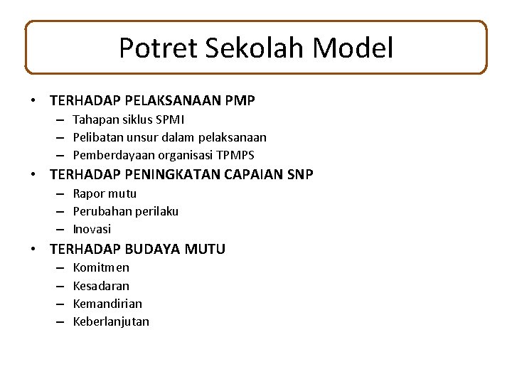 Potret Sekolah Model • TERHADAP PELAKSANAAN PMP – Tahapan siklus SPMI – Pelibatan unsur