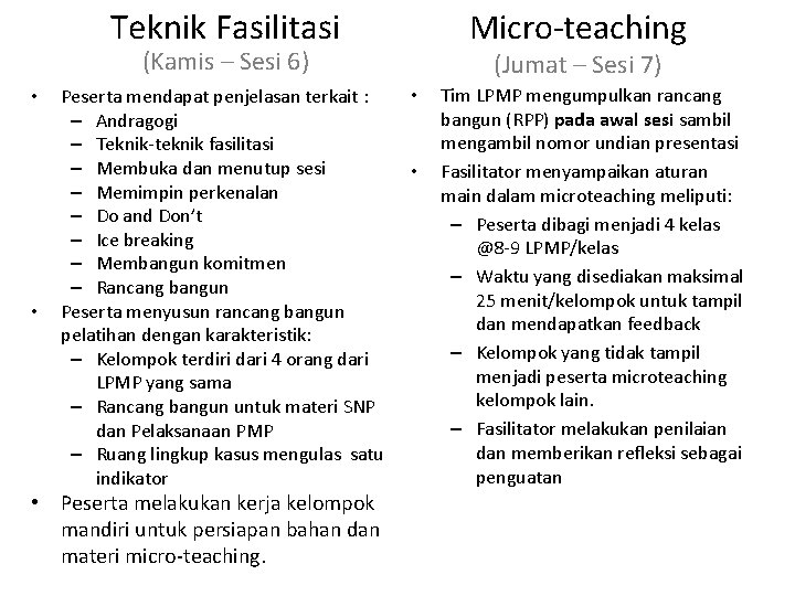 Teknik Fasilitasi Micro-teaching (Kamis – Sesi 6) • • Peserta mendapat penjelasan terkait :