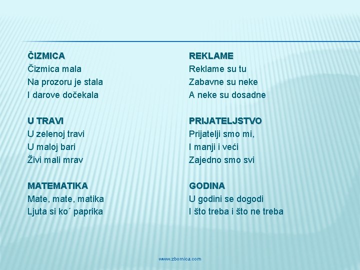 ČIZMICA Čizmica mala Na prozoru je stala I darove dočekala REKLAME Reklame su tu