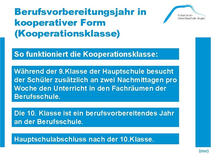 Berufsvorbereitungsjahr in kooperativer Form (Kooperationsklasse) So funktioniert die Kooperationsklasse: Während der 9. Klasse der