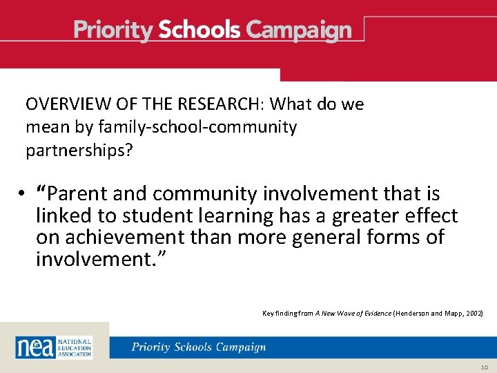 OVERVIEW OF THE RESEARCH: What do we mean by family-school-community partnerships? • “Parent and