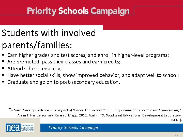 Students with involved parents/families: § § § Earn higher grades and test scores, and