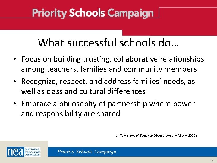 What successful schools do… • Focus on building trusting, collaborative relationships among teachers, families