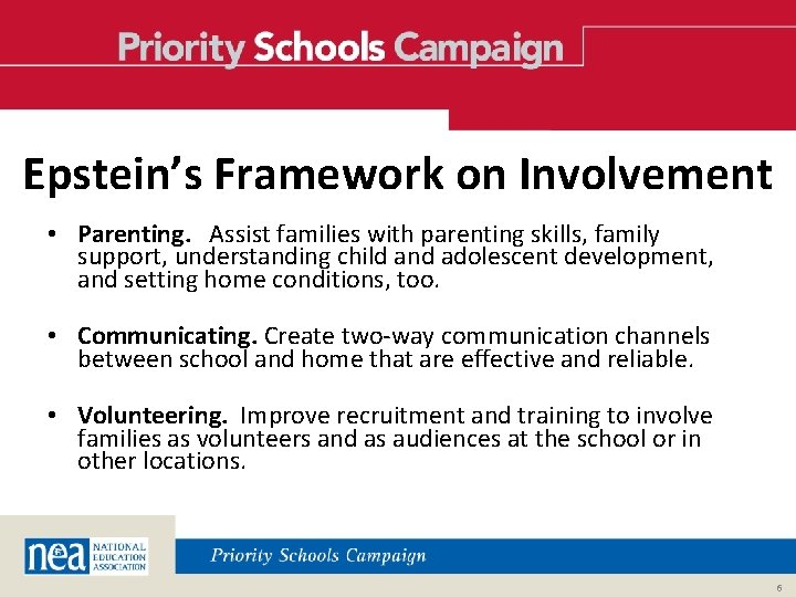 Epstein’s Framework on Involvement • Parenting. Assist families with parenting skills, family support, understanding