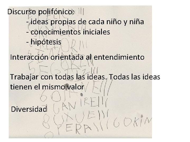 Discurso polifónico: - ideas propias de cada niño y niña - conocimientos iniciales -