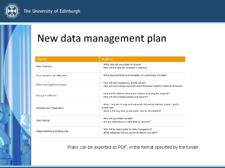 New data management plan Plans can be exported as PDF, in the format specified