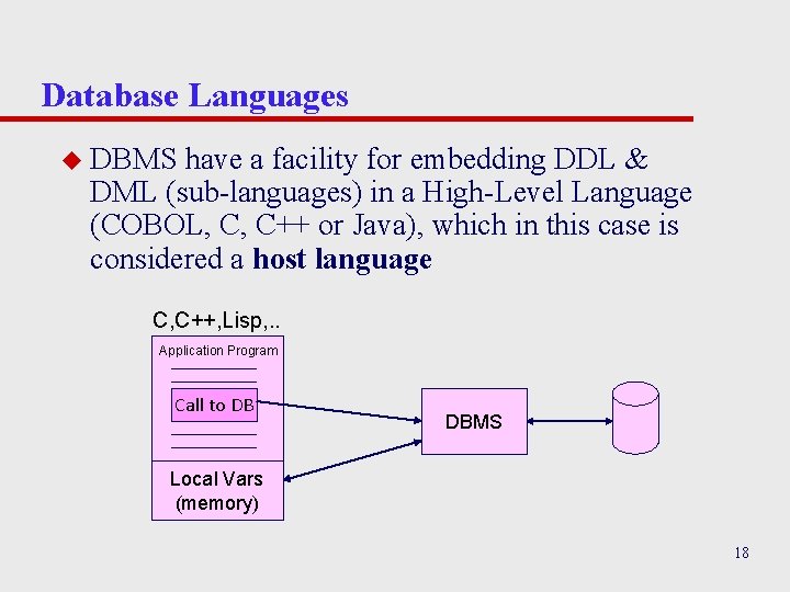 Database Languages u DBMS have a facility for embedding DDL & DML (sub-languages) in