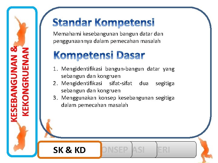 KESEBANGUNAN & KEKONGRUENAN Memahami kesebangunan bangun datar dan penggunaannya dalam pemecahan masalah 1. Mengidentiﬁkasi