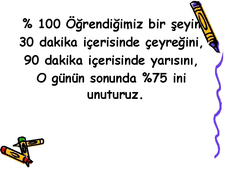 % 100 Öğrendiğimiz bir şeyin 30 dakika içerisinde çeyreğini, 90 dakika içerisinde yarısını, O